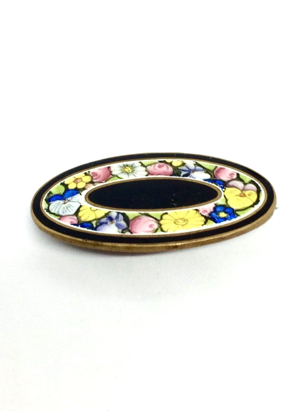 VINTAGE ENAMEL Brooch Flowers Floral Oval Gold Tone Black Center Multicolor Pin